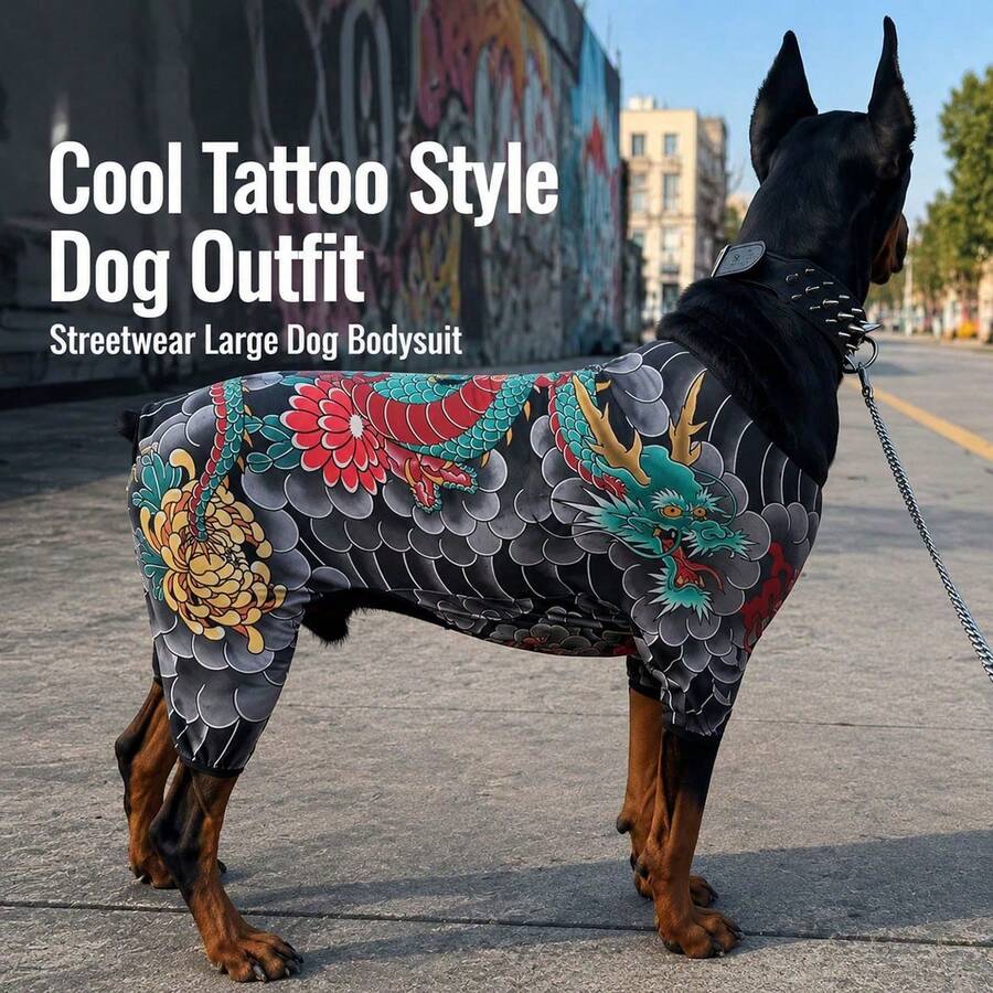 Dog Tattoo Pattern All-In-One Pet Bodysuit, Fully Elastic Anti-Shedding Pet Jumpsuit, Dragon & Chrysanthemum Print Plus Size For Doberman, All-Season Cat & Dog Outfit | Dog Tattoo Set, Elastic Pet Clothes 1pc - Black - View 1