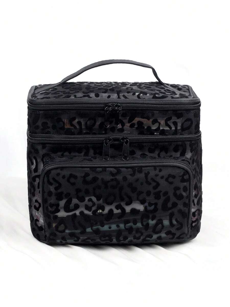 Bolsa de maquillaje de doble capa con estampado de leopardo en malla negra minimalista de moda, gran capacidad, multifuncional, diseño conveniente con asa única y múltiples bolsillos, bolsa de almacenamiento plegable con compartimentos - Negro - Ver 1