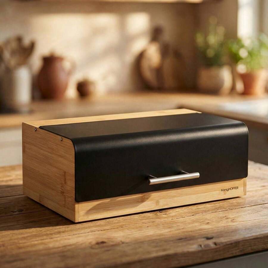LARGE BAMBOO BREAD BOX WOODEN BAKERY ROLL STORAGE Container Length: 36 Cm Width: 20 Cm Height: 13.5 Cm - View 1