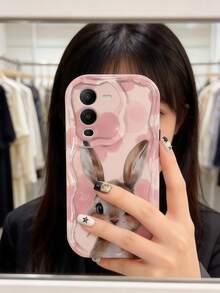 Funda de teléfono con textura suave de TPU con volantes ondulados de dopamina crema, diseño creativo personalizado con patrón de conejo, compatible con Galaxy S21 S22 S23 S24 S25 S26//Honor// y otros modelos - Blanco - Ver 5