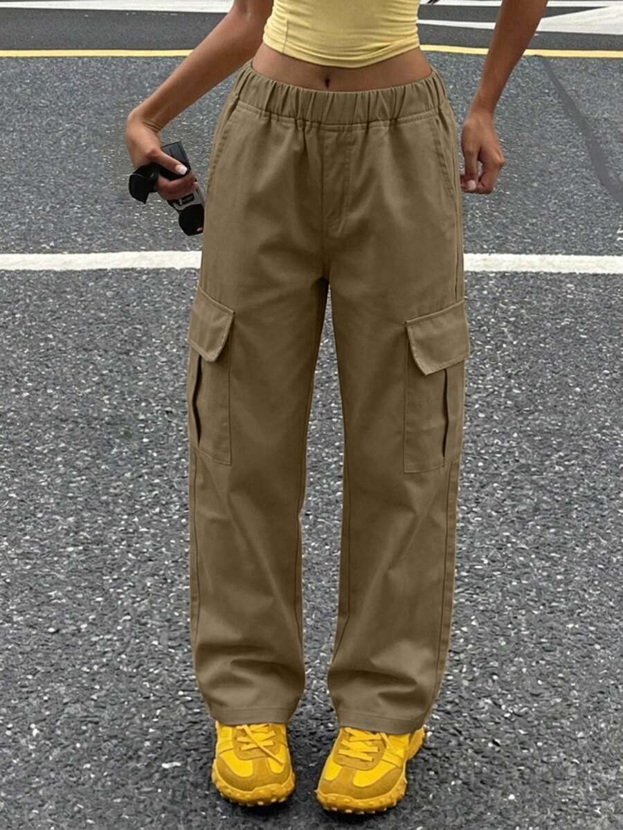 1pc Tween Girls' Fashionable Solid Color Loose Fit Cargo Pants With Multiple Pockets, Comfortable For Spring & Autumn - Camel - View 1