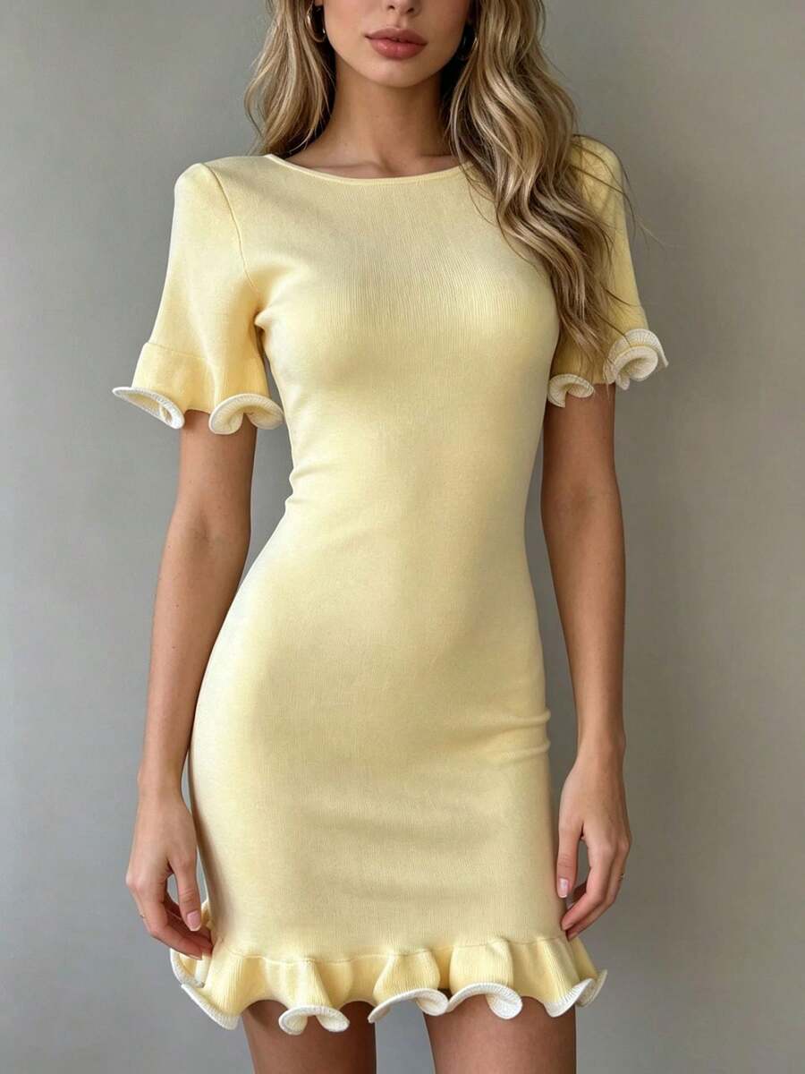 2026 New Short Sleeve Ruffle Knit Dress, Slim Fit, Solid Color, Summer Clothes For Women. - Yellow - View 1