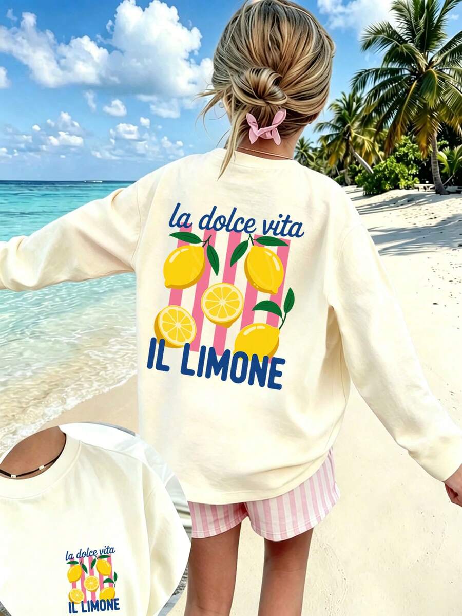 Teen Girl Casual Fun Print Crew Neck Pullover Long Sleeve T-Shirt, Autumn/Winter Top - Apricot - View 1