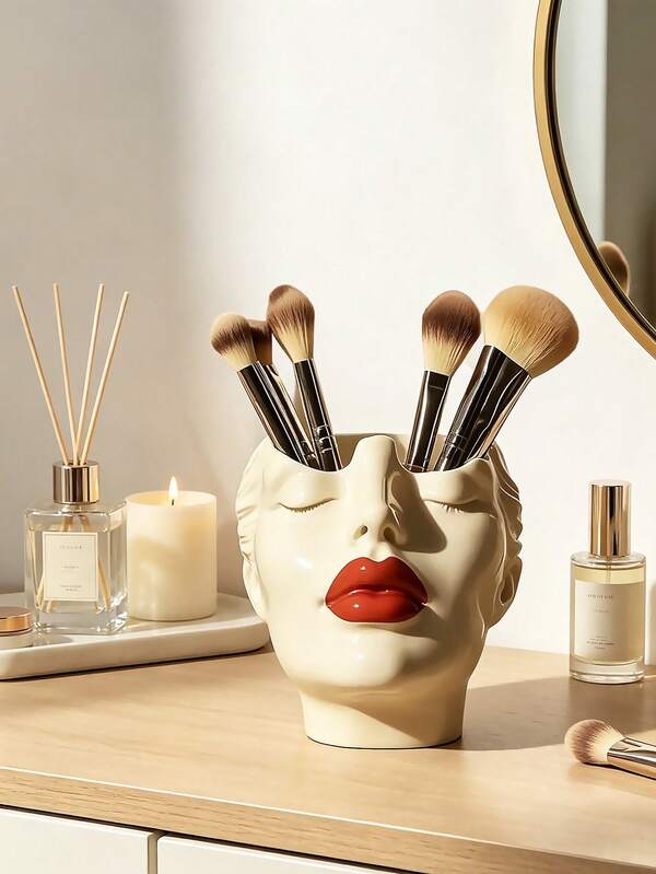 1pc Elegant Resin Material Makeup Brush Holder With Red Lip Design - Lightweight Synthetic Resin Cosmetic Organizer, Standalone Desktop Storage Box For Bathroom Or Vanity, Makeup Dressing Table