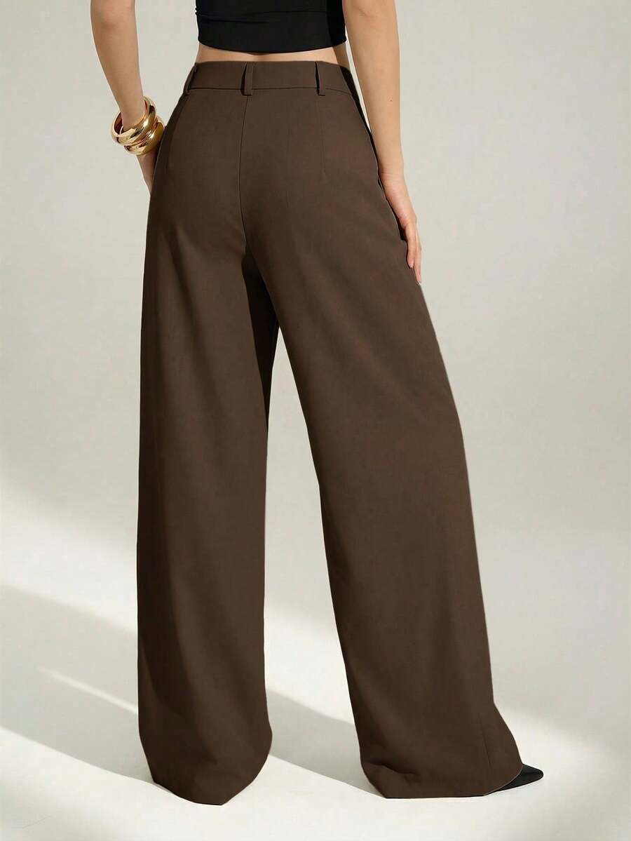 Sexy And Casual Business-Style High-Waisted Wide-Leg Pleated Trousers - Elegant Solid-Color Loose-Fitting Trousers, Professional Office Wear, Work Trousers With Co - 摩卡棕 - 查看 1