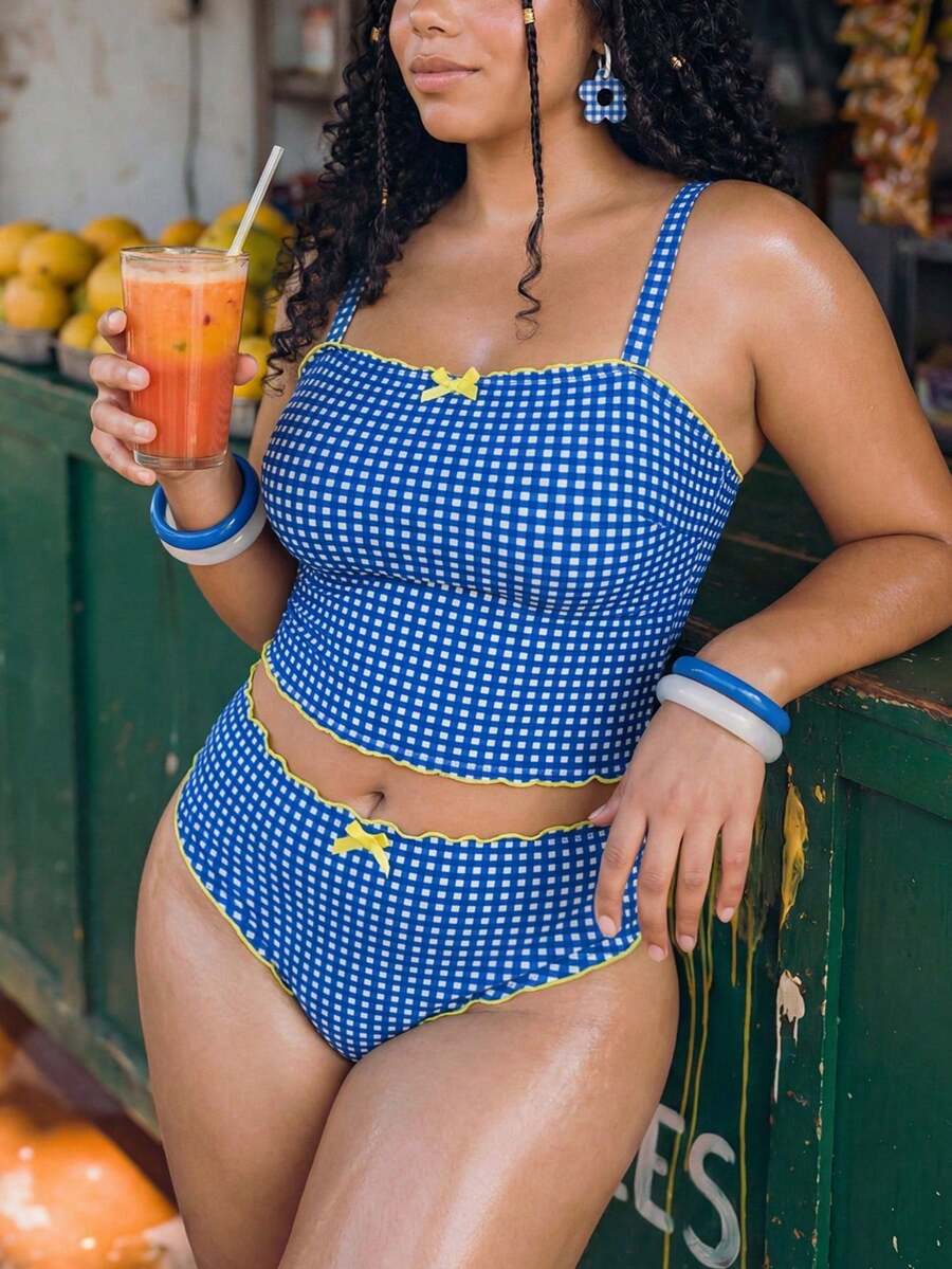 Swim Mod Conjunto de tankini de playa a cuadros para mujer de talla grande - Multicolor - Ver 1