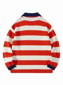 2026 New Men's Spring/Autumn/Winter American Independence Day 250th Anniversary Embroidered Pattern Knitted POLO Pullover Sweater, Casual Loose Vintage Street Style Colorblock Striped Top Suitable For Early Spring/Autumn Daily And Holiday Outdoor Wear - Red and White - View 6