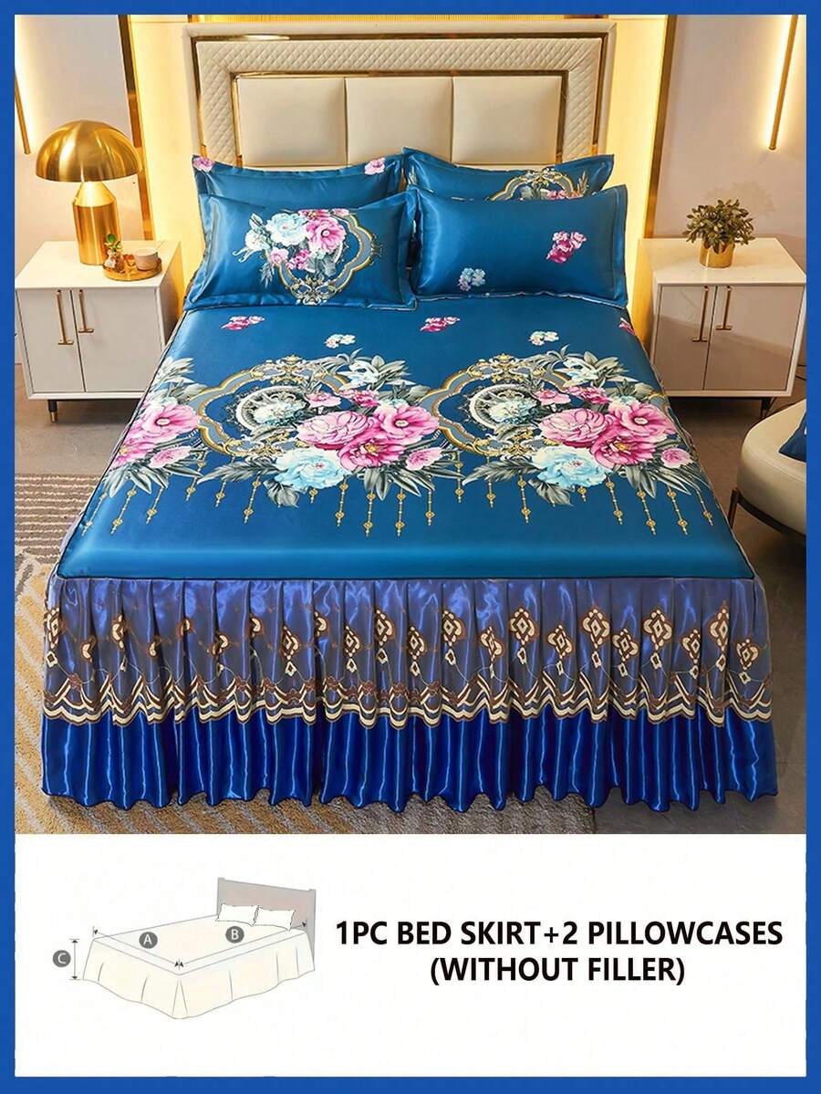 3-Piece Bed Skirt And Pillowcase Set With Soft And Breathable Floral Print (1 Bed Skirt + 2 Pillowcases), Moisture-Wicking, Wrinkle-Resistant, Suitable For All Seasons, With An Elegant Print, Suitable For Bedrooms And Hotels, Simple And Economical - 富裕生活 - 查看 1