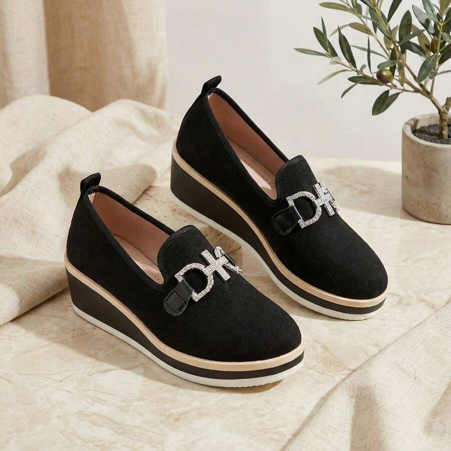 Women's Colorblock Wedge Slip-On Loafers, Rhinestone Letter Buckle Decor, Solid Color No Print, Round Toe Low-Top Strap-Free, Layered Wedge Heel, Commuter Mature Style, Spring/Autumn Daily Work & Travel Black, Suede Fabric Material, Slouchy Wedge Shoes - Black - View 1