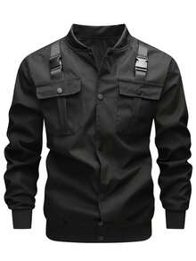 Men's Autumn Functional Style Buckle Strap Cargo Pocket Stand Collar Snap Button Jacket, Suitable For Outdoor Hiking, Trekking, Gift Sports Black - Black - View 2