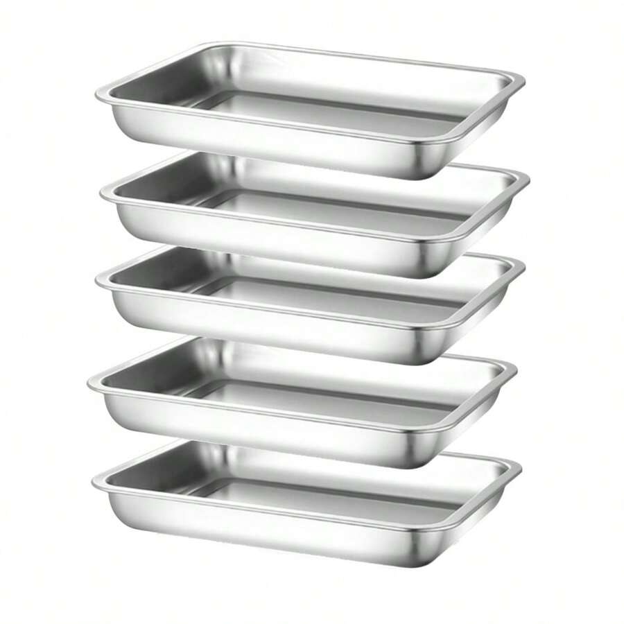 Set Of 5 Stainless Steel Trays Or Inserts, 36x27x4.8cm. Ideal For Buffets. Can Also Be Used For Baking Food. - View 1