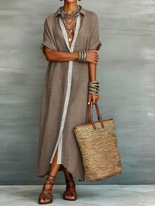 HUTENER Women's Loose Turndown Collar Short Sleeve Cardigan Dress, Asymmetrical Hem Casual Vacation Dress Summer Elegant - Brown - View 6