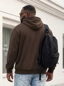 Plus Size Solid Color Hooded Sweatshirt, Loose Fit Kangaroo Pocket Drawstring Pullover, Casual Versatile Top - Coffee Brown - View 2