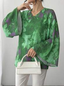 1 Stück Damen Bluse mit Batik-Muster, asymmetrischem Kragen, einreihiger Knopfleiste, asymmetrischem Saum und Glockenärmeln, eleganter chinesischer Stil, bequem und atmungsaktiv, perfekt für Strandurlaub, Arbeit, Alltag, Party, Bankett, Hochzeit und andere Anlässe - Grün - Übersicht 5
