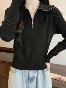 Women's Solid Color Casual Half-Zip Long Sleeve Versatile Minimalist Knit Top - Black - View 6