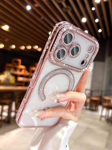 Custodia per telefono magnetica lussuosa con strass placcata in oro rosa compatibile con iPhone 17 Pro Max/17 Pro/17/16 Pro Max/16/16 Pro/15/15 Pro Max/15 Pro/11/12/13/14 Pro Max/12 Pro/12 Pro Max/13 Pro/13 Pro Max/14 Pro/14 Pro Max copertura totale anti-caduta custodia protettiva morbida - Oro rosa - Visualizzare 3