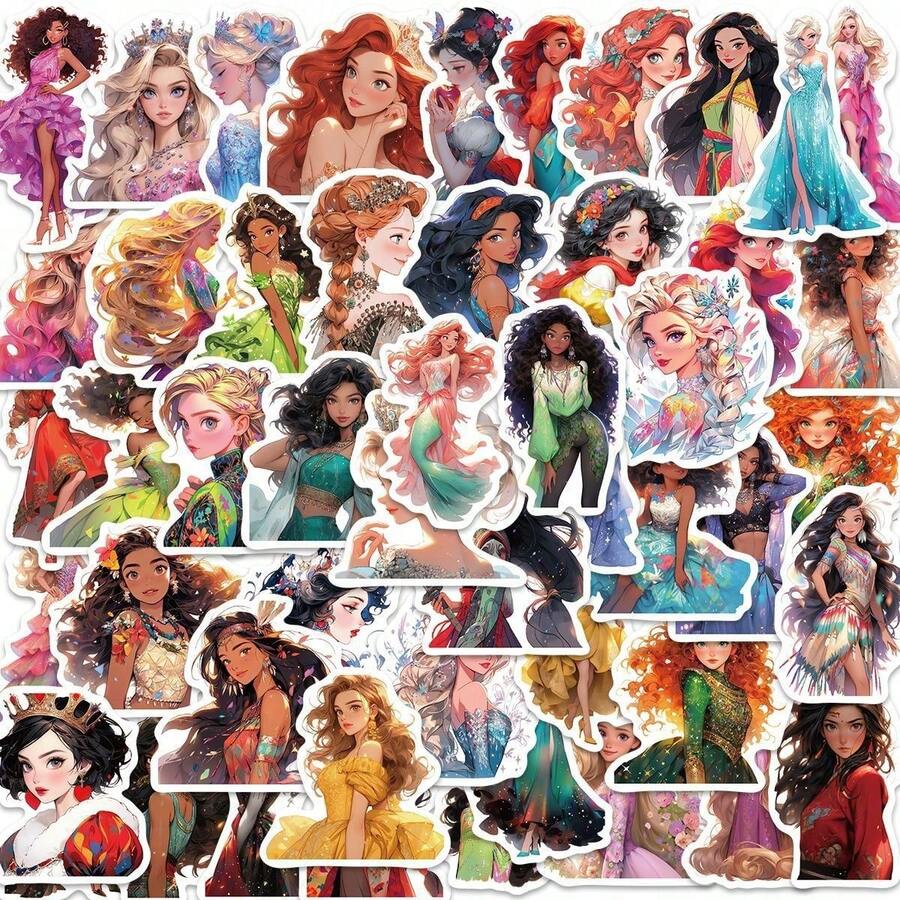 50pcs Fantasy Princess Girl Sticker Decals, Fairytale Royal Character Fashion Dress Mermaid Snow Queen Graphic Stickers For Laptop Phone Case Scrapbook Journal DIY Decor - Multicolor - View 1