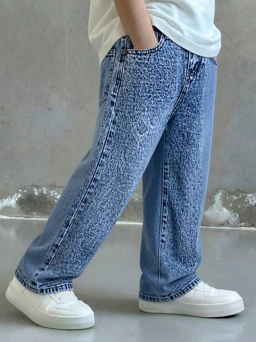 Young Boy Simple & Casual Style Medium Wash Wide Leg Jeans For 2-8 Years Back To School, 2-3Y No Zipper, 4Y-8Y With Zipper, Easy To Wear, New Acid Wash Process, Built-In Elastic Waistband, Adjustable Fit, Loose Wide Leg Versatile Denim Pants