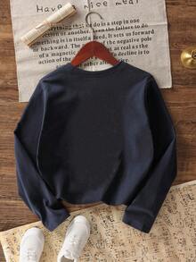 Kaos Lengan Panjang Leher Bulat Motif Kasual Lucu untuk Remaja Perempuan, Atasan Musim Gugur/Dingin - Navy Blue - View 4