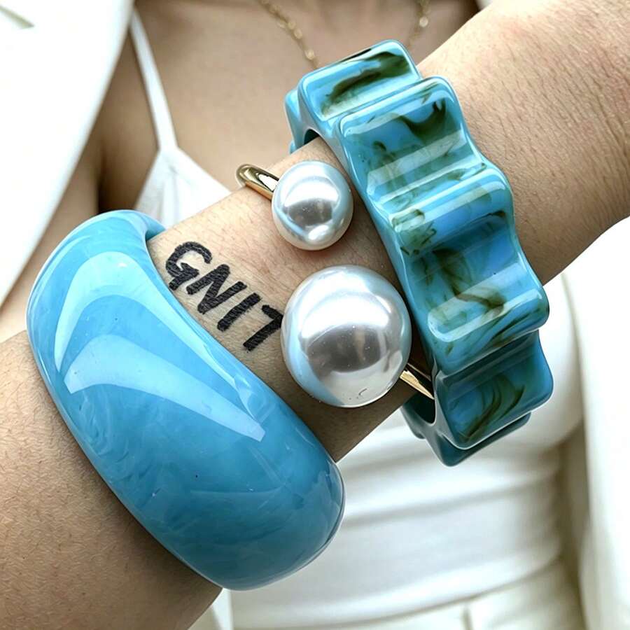 GNIT Light Blue Marble Pattern Resin Double Pearl Gold Cuff Bracelet Set, Women's, 3pcs/1pc Stackable Thick Curved & Wavy Wide Bracelet, Beach Summer Style - Sky Blue, Golden Pearl, Blue-brown Stripes - View 1