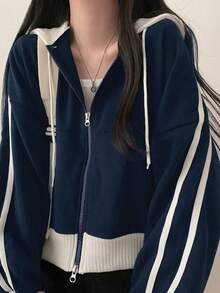 YCYC Korean Style Women's Sweatshirt, Early Spring Autumn Winter Patchwork Colorblock Sporty Casual Top Jacket - Navy Blue - View 2