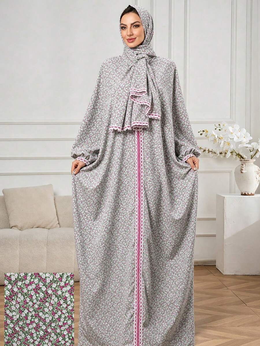 Floral Headscarf & Robe Set Arabic Lace Trim Abaya Dress Casual Loose Printed Cover-Up Southeast Asian Resort Style Robe Fall - Multicolor - View 1