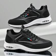 Men's Patchwork PU Leather Sneakers, Non-Slip Lace-Up Casual Sports Training Shoes, Suitable For Daily Outdoor Wear - Black - View 3