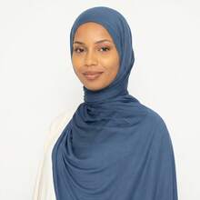1 buah Hijab Jersey Panjang Warna Polos Lembut, Jilbab Rajut Katun Mercerized untuk Wanita Muslim - Dusty Blue - View 1