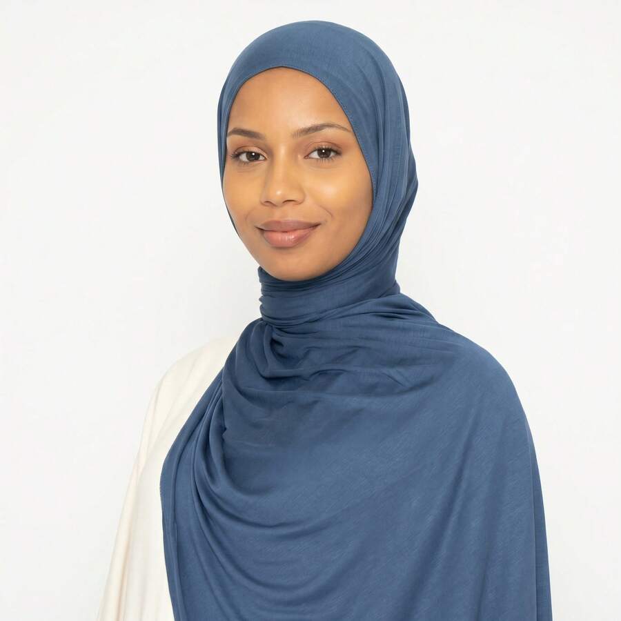 1 buah Hijab Jersey Panjang Warna Polos Lembut, Jilbab Rajut Katun Mercerized untuk Wanita Muslim - Dusty Blue - View 1