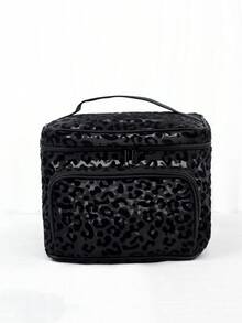 Black Minimalist Fashion Mesh Leopard Print Large Capacity Multi-Function Single Layer Square Cosmetic Bag, Single Handle Multi-Pocket Convenient Design, Foldable Storage Bag, Partitioned Storage - Black - View 2