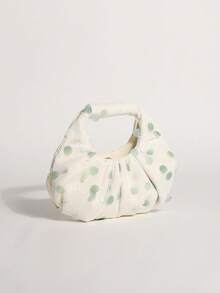 SCULPTEDSTYLE BAGS 1件薄荷綠美人魚亮片雲朵手提包，奶油白亞麻底布拼接，時尚波點網格抓皺設計女款托特包，適合海灘度假，可搭配魚網肩帶洋裝與休閒度假穿搭（隨機花卉圖案） - 薄荷綠 - 查看 4