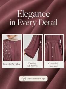 Wine Red Rhinestone Belt Muslim Long Sleeve Full Skirt Dress - Lotus Root Starch - View 6
