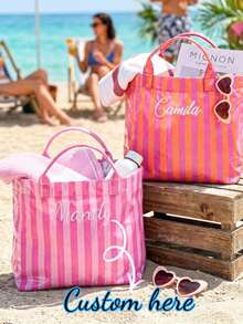1pc Personalized Transparent Striped Beach Tote Bag, PVC Waterproof Large Capacity, Name Letter Print, Bridesmaid Gift Bag, Travel Storage Bag - Multicolor 2 - View 10