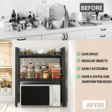 3/2-Story Kitchen Storage Rack With 6 Hooks, Expandable Microwave Rack, Microwave Storage Rack, High Load-Bearing Design, Rust Resistant And Durable, Suitable For Kitchen/Office/Storage Room, Expansion Range 40-64cm (Black), Standing Shelf - 黑色 - 查看 9