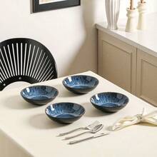 Set Of 4 Wide And Deep Stoneware Pasta Bowls With Reactive Glaze In Blue - 4 Piece Blue - View 10