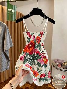 Vestido de mujer blanco con estampado de bordado floral, sin mangas, con tirantes finos, estilo boho para verano, vacaciones y fiestas, con ribete de encaje y cintura ceñida, elegant - Multicolor - Ver 2