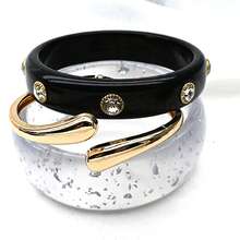 GNIT Women's Resin Gold-Tone Bracelet Set, 3pcs/1pc Stackable Bangles, Rhinestone & Silver Foil Asymmetrical Open Cuff, Personalized Jewelry - Translucent Blocks, Gold, and Black Diamonds. - View 6