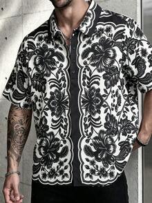 1pc Men's Textured Print Polo Shirt, Couple, Turn-Down Collar, Single-Breasted Short Sleeve Top, Handsome Versatile Casual Commute Top, Elegant Holiday Party Evening Wear, Perfect Gift For Father, Boyfriend, Dad, Friend - Black - View 1