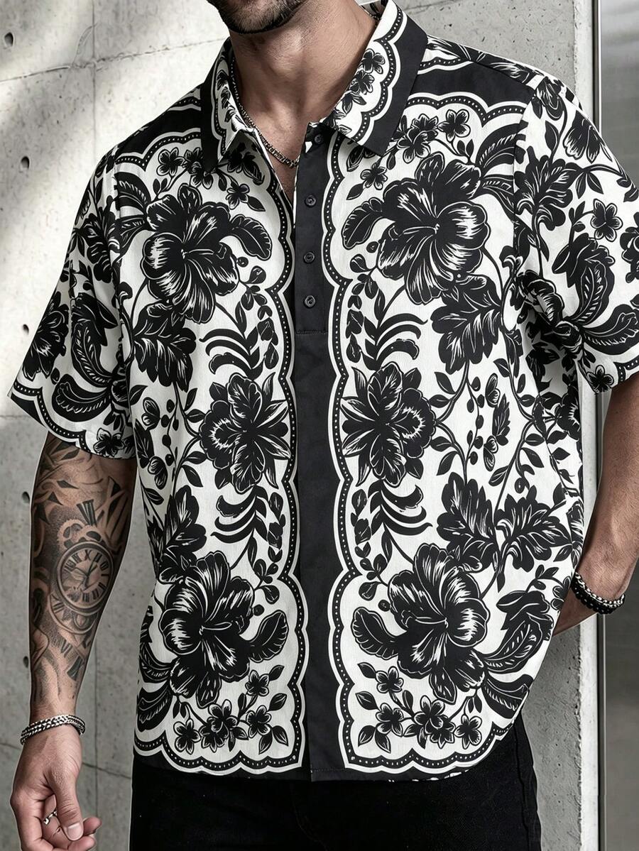 1pc Men's Textured Print Polo Shirt, Couple, Turn-Down Collar, Single-Breasted Short Sleeve Top, Handsome Versatile Casual Commute Top, Elegant Holiday Party Evening Wear, Perfect Gift For Father, Boyfriend, Dad, Friend - Black - View 1