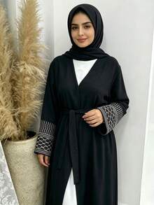 Abaya Kimono Cardigan Elegante de Mujer con Frente Abierto, Mangas Acampanadas Bordadas con Diseño Geométrico, Textura Arrugada, Abrigo Largo Holgado Musulmán - Multicolor - Ver 3