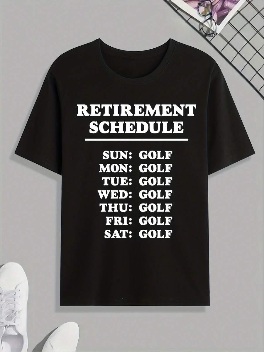 Funny 'Retirement Schedule' Golfing Print T Shirt, Tees For Men, Casual Short Sleeve Tshirt For Summer Spring Fall, Tops As Gifts, For People Who Love - Black - View 1