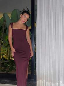 Vivi Long Dress (Lined) For Party, Wedding, Graduation, Simple, Knit Fabric, Backless, Asymmetrical, Side Slit, Wedding, Evening, Birthday Party, Formal And Nighttime - 紫紅色 - 查看 3