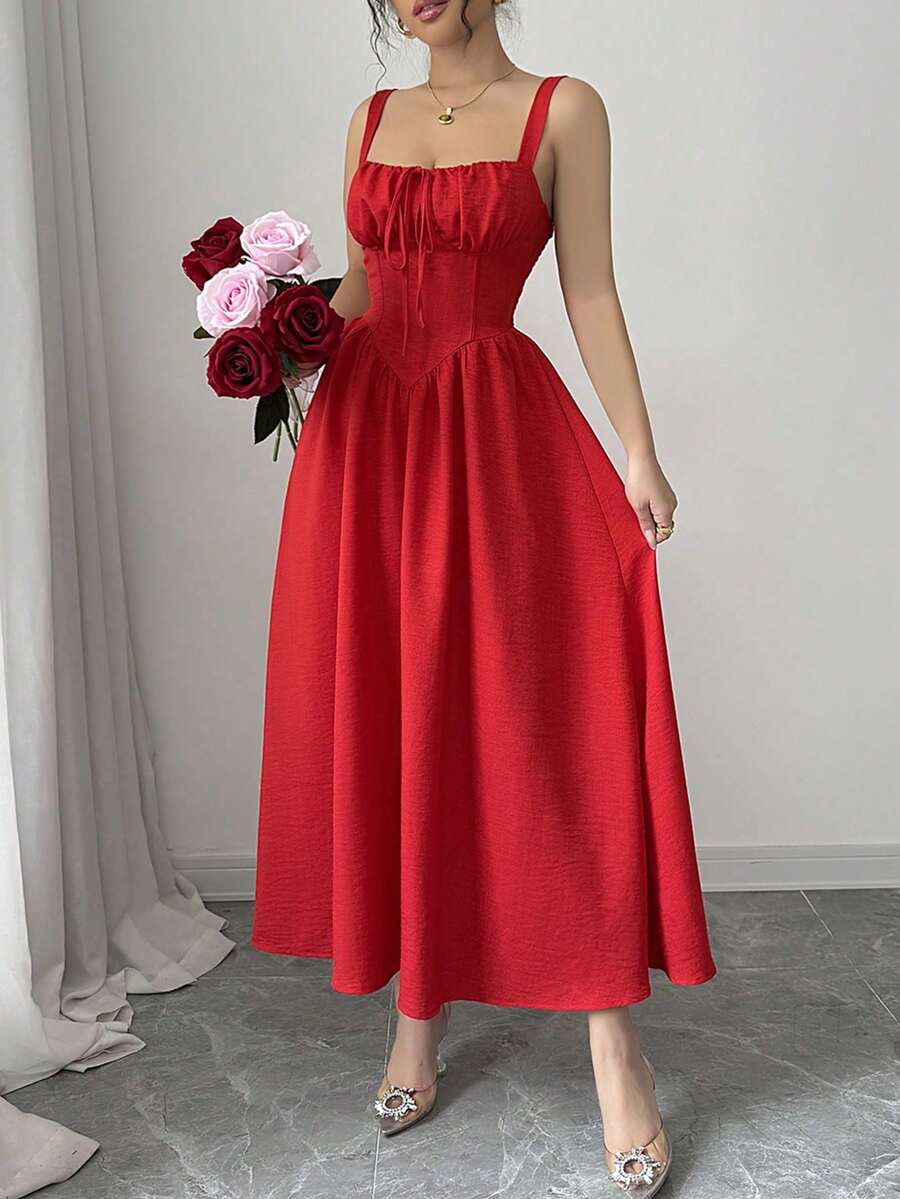 Women's Plain Red Maxi Dress For Summer 2025, Perfect For Valentine's Day Or Holidays, Featuring Ruffles At The Front, A Bow, An Asymmetrical Neckline, And A Slimmed Waist - 紅色 - 查看 1