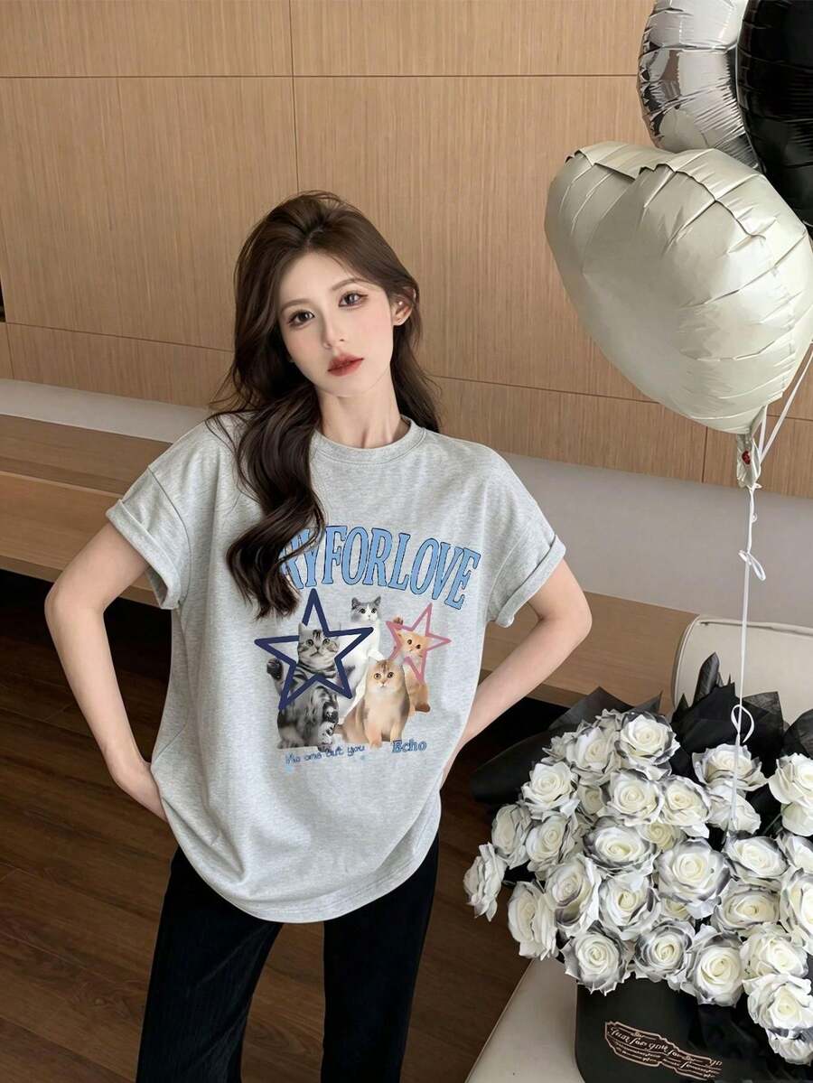 Domestic Shipping 200g Pure Cotton T-Shirt 2026 Summer New Collection Print Pattern Women's Round Neck Half Sleeve Casual Style Couple Wear - Light Grey - View 1