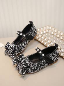 Girls' Pearl & Rhinestone Princess Shoes, Bow Decor Soft Sole Shoes, Casual Versatile For Spring, Summer, Autumn - Black - View 2