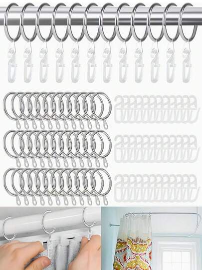 64/32/16/8/4pcs Metal Curtain Rings With Clips, Multi-Purpose Shower Curtain Hooks, Smooth Sliding Curtain Clips, Suitable For Curtains, Bathroom Shower Curtain Rods, Home Decor Accessories