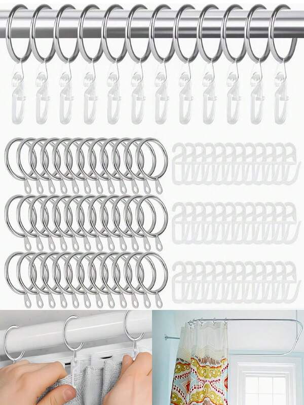 64/32/16/8/4pcs Metal Curtain Rings With Clips, Multi-Purpose Shower Curtain Hooks, Smooth Sliding Curtain Clips, Suitable For Curtains, Bathroom Shower Curtain Rods, Home Decor Accessories