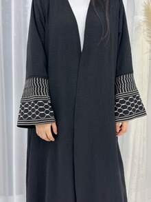 Abaya Kimono Cardigan Elegante de Mujer con Frente Abierto, Mangas Acampanadas Bordadas con Diseño Geométrico, Textura Arrugada, Abrigo Largo Holgado Musulmán - Multicolor - Ver 2