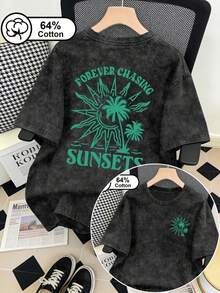 1pscPlus-Size Women's Retro Washed Snowflake T-Shirt, Double-Sided Coconut Tree Text Print, Casual Round-Neck Short Sleeves, Summer Top Blacksoft - 黑色 - 查看 1