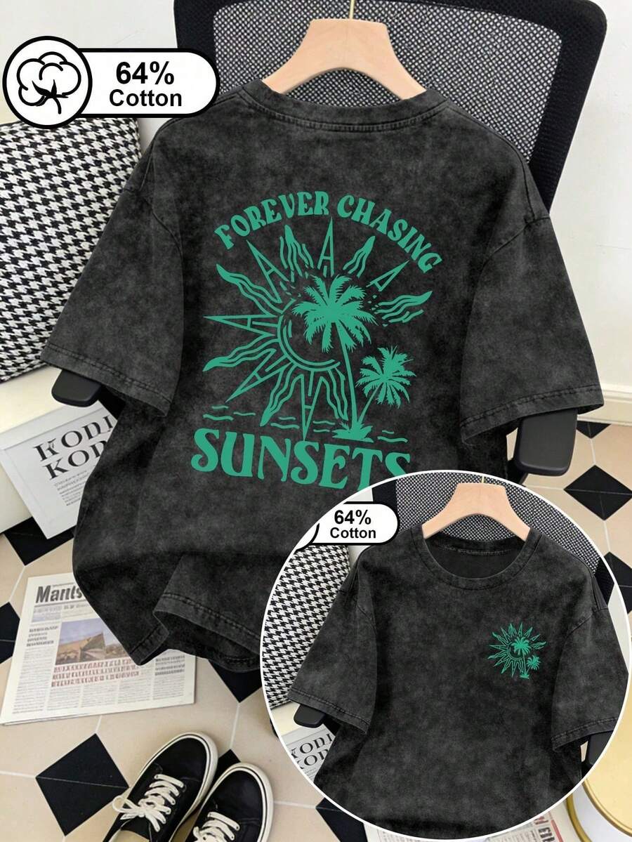 1pscPlus-Size Women's Retro Washed Snowflake T-Shirt, Double-Sided Coconut Tree Text Print, Casual Round-Neck Short Sleeves, Summer Top Blacksoft - 黑色 - 查看 1